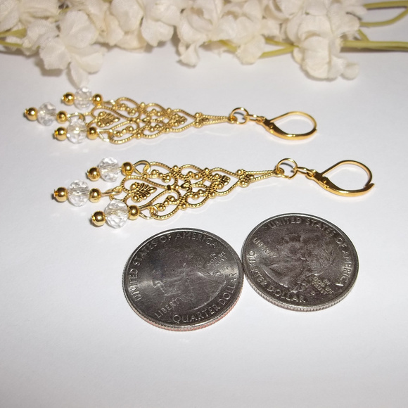 Earring Chandelier Statement Gold & Clear Set 4505 - Picture 2 of 8